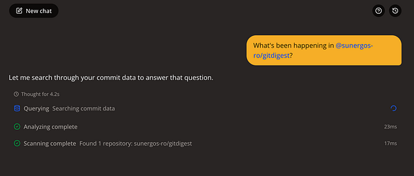 A chatbot interface displaying a query about a Git repository.