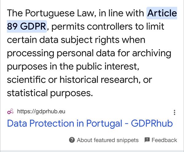 The image displays a snippet of text discussing Portuguese law related to GDPR regulations.