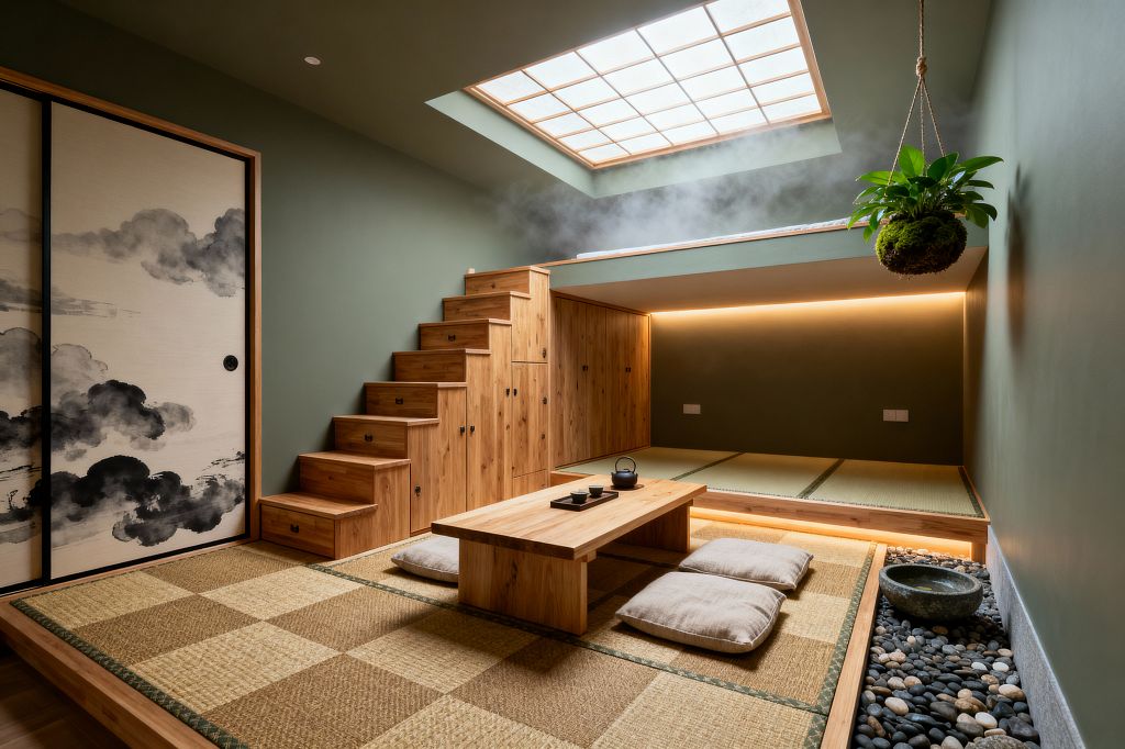 A Japanese Zen-inspired kids’ room with checkered tatami mats and a low cedar table with a tea set, surrounded by linen floor cushions. Built-in wooden stairs with drawers lead to an elevated tatami platform illuminated by warm cove lighting. A frosted, wood-latticed skylight softens daylight above. A fusuma sliding door painted with sumi-e clouds, a hanging kokedama plant, and a strip of river stones with a small stone basin complete the serene space.