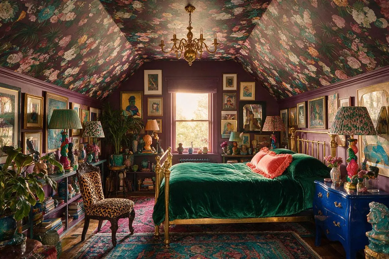 A dramatic guest bedroom filled with layered artwork, floral wallpaper on the sloped ceiling, and deep purple walls. A brass bed with emerald velvet bedding sits beside a cobalt blue dresser, leopard-print chair, and colorful table lamps, creating an ornate, collected look.