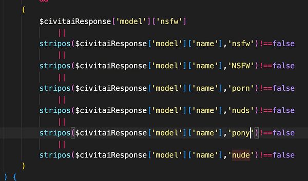 The image displays a code snippet checking for NSFW keywords in a Civitai model response.