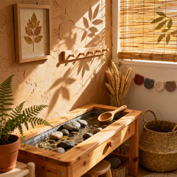 A sunlit kids’ room corner with a pine sensory water table lined with metal, filled with water and smooth river stones, and a wooden scoop on the rim. A textured clay-plaster wall holds a wooden peg rail and a framed pressed-leaf print. A bamboo roller blind filters light, casting leaf shadows. A terracotta potted fern, a bundle of dried wheat, a woven seagrass basket, a small stool, and a wool-felt garland complete the natural setup.