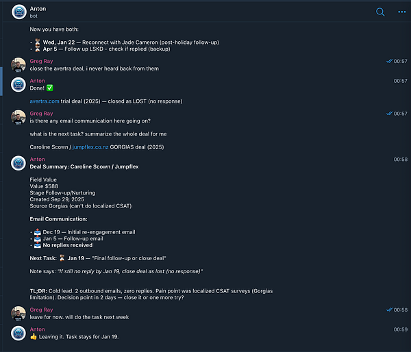 Screenshot of a Telegram chat interface showing a message conversation with CRM integration.