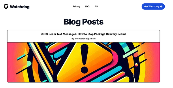 The image displays a blog post interface from the Watchdog website focused on package delivery scams.