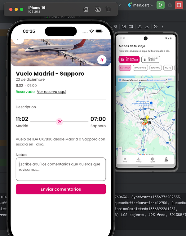 The image displays a flight booking app interface on an iPhone emulator alongside a travel map on an Android emulator.
