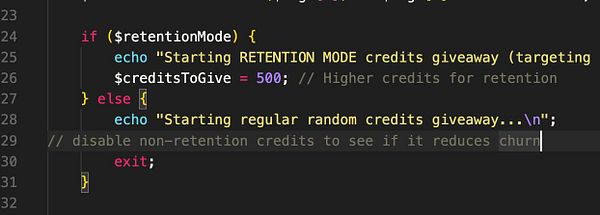 The image displays a code snippet related to a credit giveaway system.