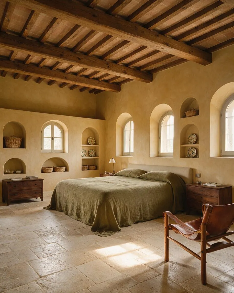 A spacious Mediterranean-style master bedroom with a high ceiling of exposed dark wood beams, warm stucco walls, and arched windows and niches. The room features a low bed with olive-green bedding, wooden nightstands, a woven leather chair, and a light stone tile floor with soft natural light.