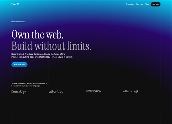 The image displays a promotional webpage for the buio® SaaS theme, emphasizing Web3 technology.