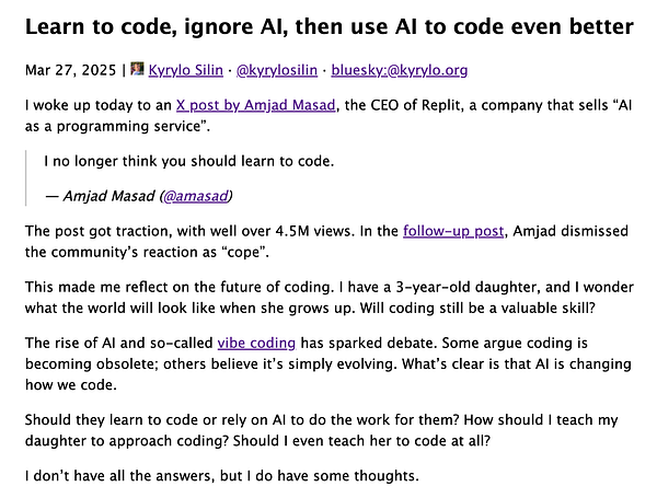A social media post discussing the future of coding in the age of AI.