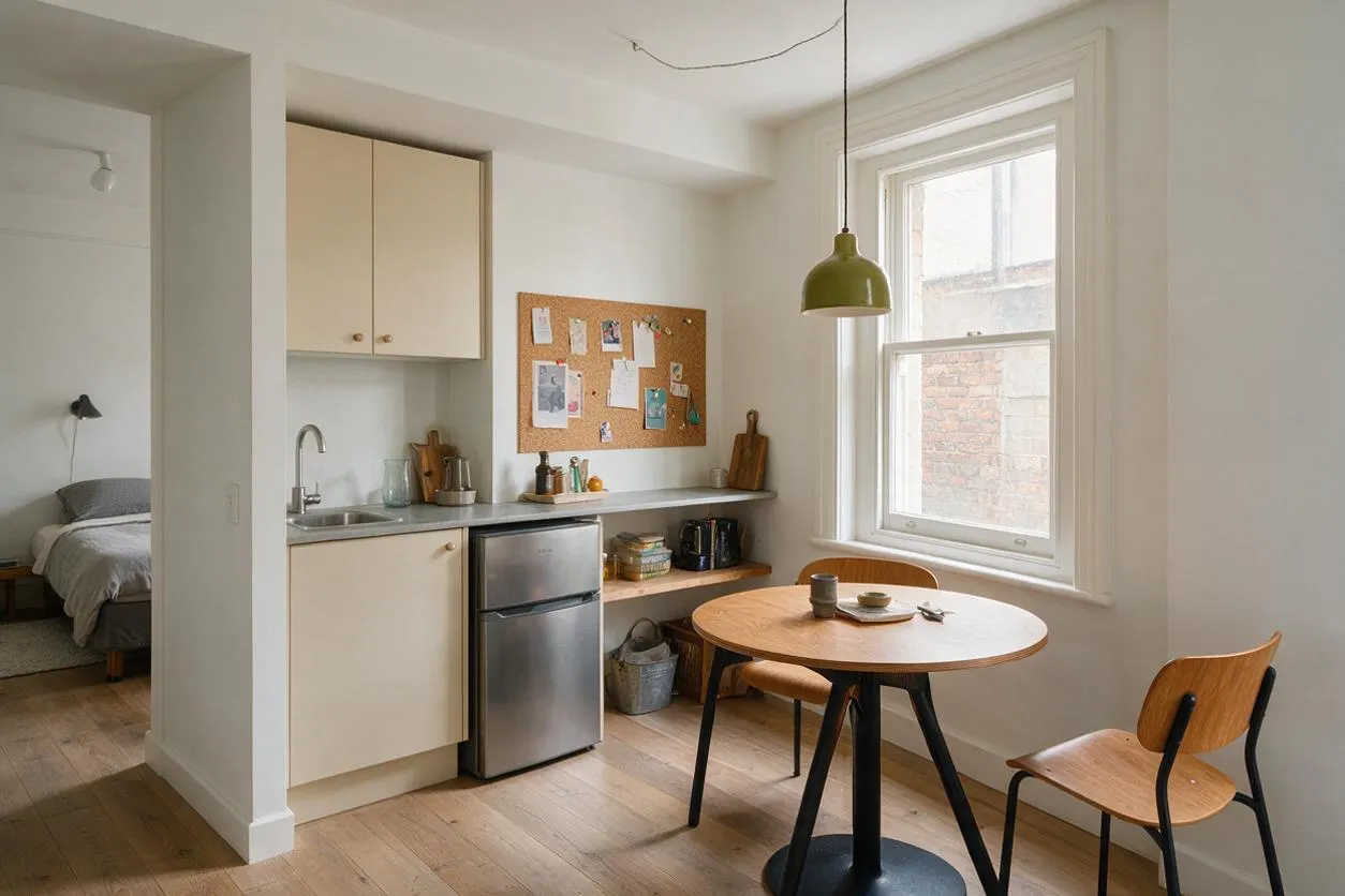 A bright modern studio apartment with a small kitchenette, round wood dining table, and two matching wood-and-black chairs beside a large window. Cream cabinets, a stainless steel mini fridge, corkboard wall decor, and pale wood floors create a clean, airy look, while a glimpse of the sleeping area appears through the open doorway.
