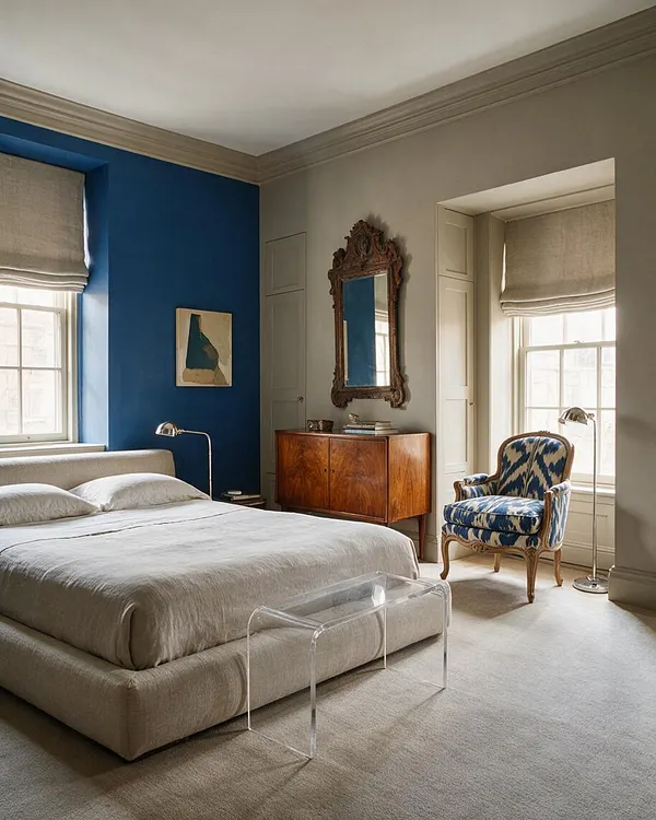 A refined eclectic bedroom with a low upholstered bed in soft beige linen, a bright blue accent wall, and a vintage carved wood mirror above a midcentury-style cabinet. A patterned blue-and-cream armchair sits by the window beside a chrome floor lamp, while neutral Roman shades and a clear acrylic bench add contrast.