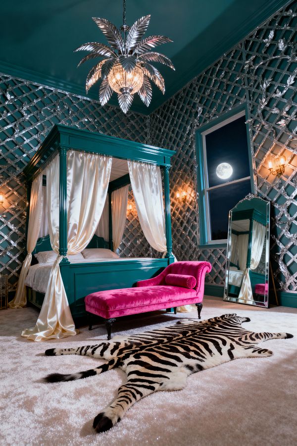 A Hollywood Regency bedroom featuring a glossy teal four-poster canopy bed draped in ivory satin. A fuchsia velvet chaise lounges on a pale plush carpet layered with a zebra-pattern hide rug; walls are covered in silver trellis-style mirrored panels with warm gold sconces, and a chrome palm-leaf chandelier with a crystal globe hangs from a teal ceiling near a large window showing the moonlit night.
