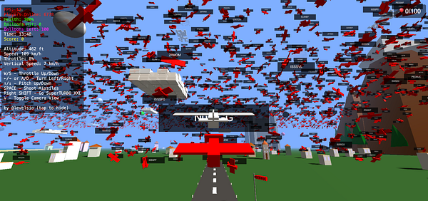 A vibrant scene from a flight simulation game featuring numerous players and aircraft in a chaotic environment.
