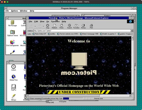 A retro computer interface displaying a webpage under construction.