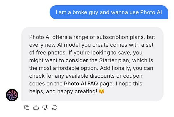 A conversation about using Photo AI with a focus on subscription options and affordability.
