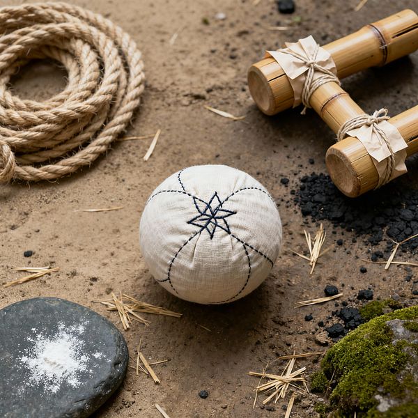A minimal home gym vignette on a compacted earth floor shows a soft off-white linen exercise ball stitched with a navy star motif, a coil of natural jute rope, and a pair of small bamboo dumbbells tied with paper and twine. Nearby lie charcoal fragments, scattered straw, a smooth gray river stone dusted with chalk, and a mossy rock, emphasizing simple, imperfect, nature-based materials.