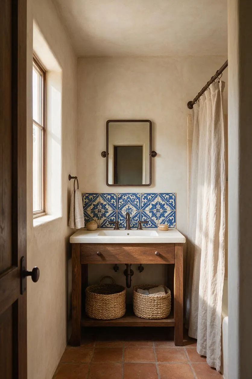 A narrow Mediterranean-style master bathroom with plaster walls, a wood vanity topped by a white sink, and a blue patterned tile backsplash. A framed mirror hangs above the sink, with a window on the left, a cream shower curtain on the right, and woven baskets stored below the vanity.