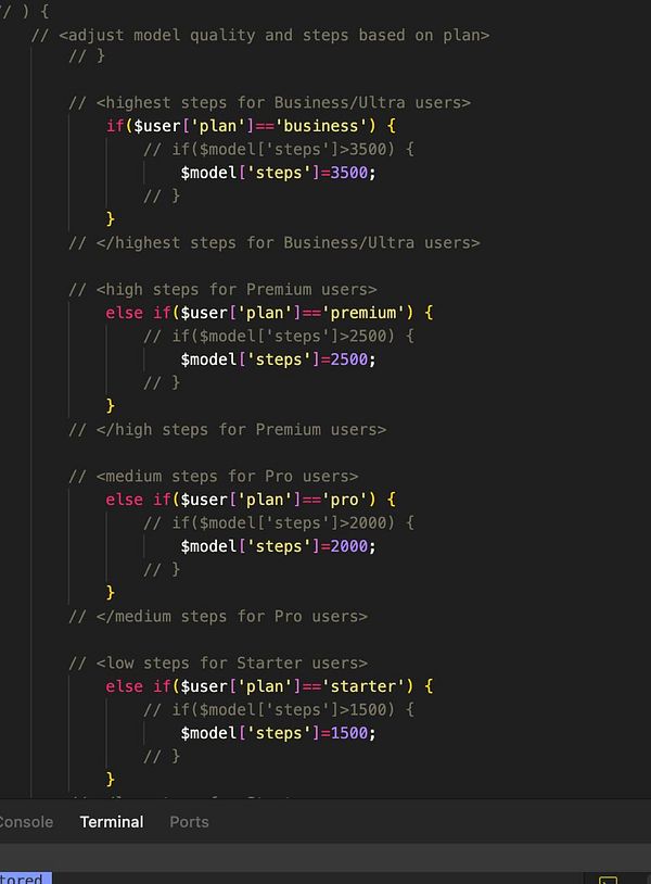 The image displays a code snippet for adjusting model training steps based on user subscription plans.