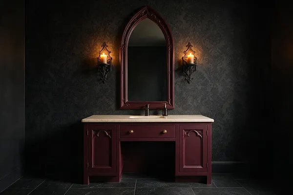 A dark Gothic-style master bathroom featuring a deep burgundy vanity with carved cabinet doors, a light stone countertop, and an arched matching mirror. Two wall sconces with candle-like bulbs glow warmly on either side, set against black textured walls and dark floor tiles.