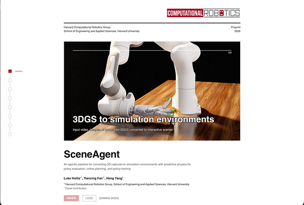 Webpage of SceneAgent presenting a 3D simulation environment pipeline by the Harvard Computational Robotics Group.