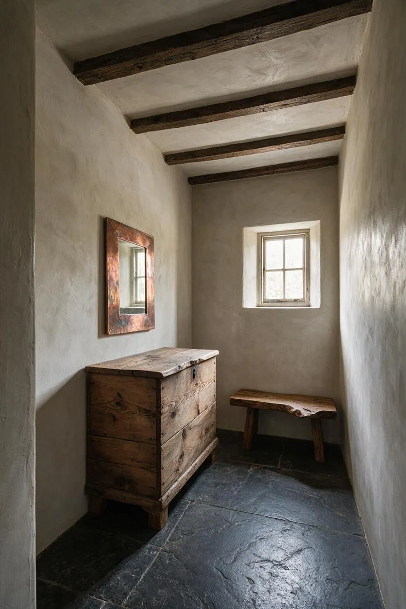 A narrow powder room with plaster walls, dark slate floor tiles, and exposed wooden ceiling beams. A rustic wood cabinet, a small wooden bench, and a copper-framed mirror create a simple, timeworn Wabi-Sabi atmosphere around a single small window.