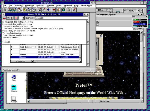 The image displays an email interface of Eudora Light alongside a web browser showing a personal homepage.