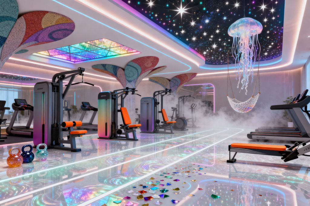 An immersive home gym features gradient-colored strength machines with vivid orange seats on a glossy LED-lit floor, patterned with swirling iridescence and scattered confetti-like shards. Treadmills line mirrored walls beneath a starry fiber-optic ceiling, while an acrylic jellyfish pendant with a rope-net swing hangs amid gentle fog; terrazzo fan-shaped ceiling columns and a rainbow lightbox panel intensify the psychedelic palette, with translucent kettlebells grouped at the front left.