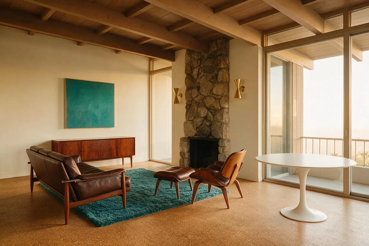 A mid-century modern studio apartment with a low brown leather sofa, matching lounge chair, and ottoman arranged on a teal shag rug. A stone fireplace rises beside large glass doors that open to a balcony, while a walnut credenza, white pedestal table, and exposed wood ceiling complete the warm, sunlit room.