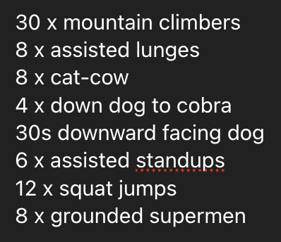 A workout routine is displayed on a dark background with a list of exercises.