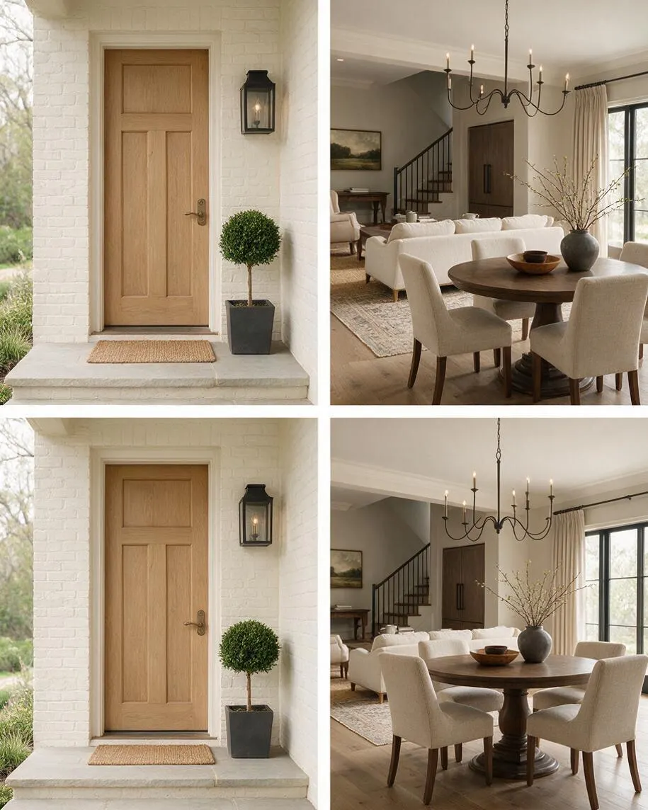 A collage of a home exterior entry and a bright transitional dining and living area. The front porch features a light wood door in white brick with a black lantern sconce and potted topiary, while the interior shows neutral upholstered chairs, a round wood pedestal table, a dark iron chandelier, cream curtains, and soft gray walls leading to a staircase.