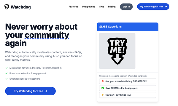The image displays the Watchdog website interface, highlighting its community management features and a call to action for signing in.