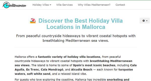 The image displays a webpage promoting holiday villa locations in Mallorca.