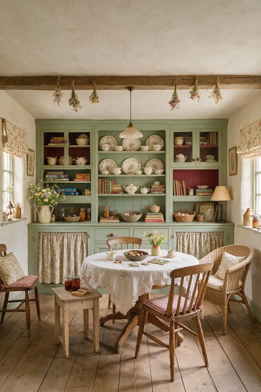 A cozy cottagecore game room features a round table covered with a lace tablecloth, surrounded by wooden and wicker chairs. Soft green built-in cabinets filled with floral china, books, baskets, and jars line the back wall, while dried flowers hang from a rustic ceiling beam and floral curtains frame the windows.