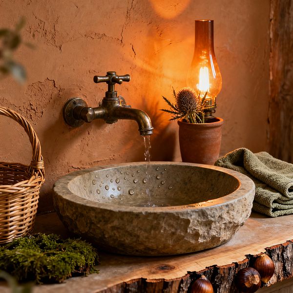 A rustic bathroom corner shows a rough stone vessel sink on a live-edge wood slab beneath a wall-mounted aged brass faucet with water running. The textured terracotta plaster wall glows from an amber glass lamp beside a small terracotta pot with thistle; a woven rattan basket, folded olive-green towel, moss, and scattered nuts complete the warm, natural palette and tactile mix of wood, stone, and metal.