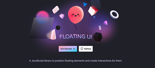 Floating UI website homepage with colorful geometric shapes and navigation buttons.