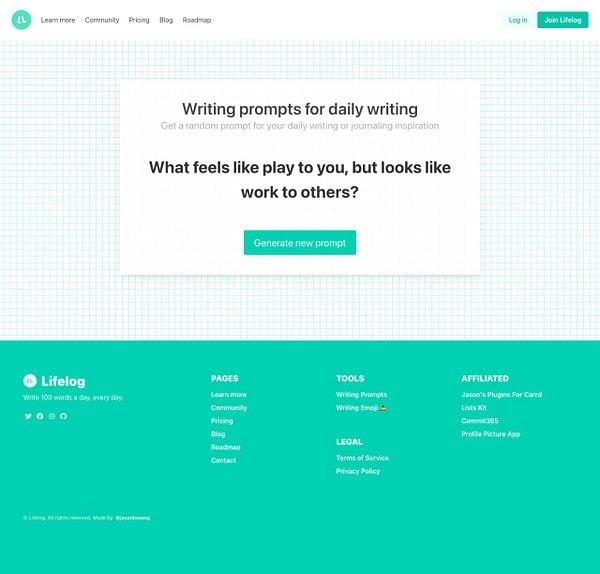The image displays a webpage for Lifelog featuring writing prompts and a footer with navigation links.