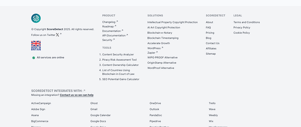 The image displays the footer section of the ScoreDetect website, featuring various links and information.