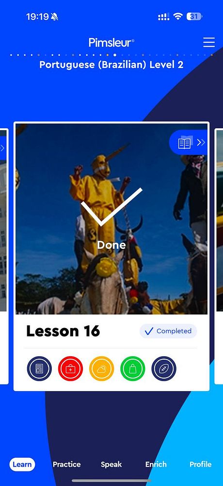 The image displays a completed lesson from the Pimsleur Portuguese (Brazilian) language learning app.