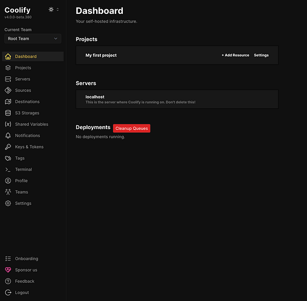 The image displays the Coolify dashboard interface for managing self-hosted infrastructure.