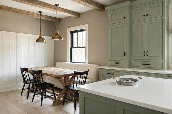 A farmhouse-style game room with exposed rustic ceiling beams, brass pendant lights, and a natural wood game table surrounded by black spindle chairs. Sage green built-in cabinetry, white shiplap paneling, a cream upholstered bench, and a white island with a metal tray create a warm, relaxed space.