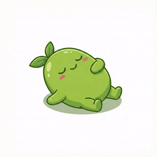 A cute, animated green character resembling a bean is resting peacefully.
