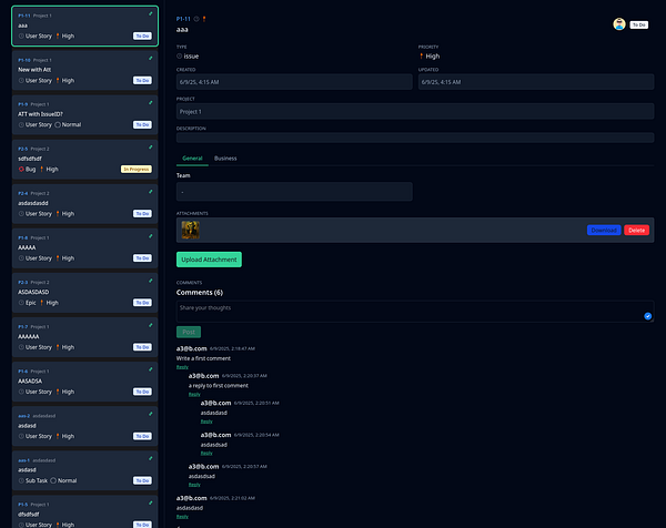The image displays a project management interface with various tasks and comments related to a specific issue.
