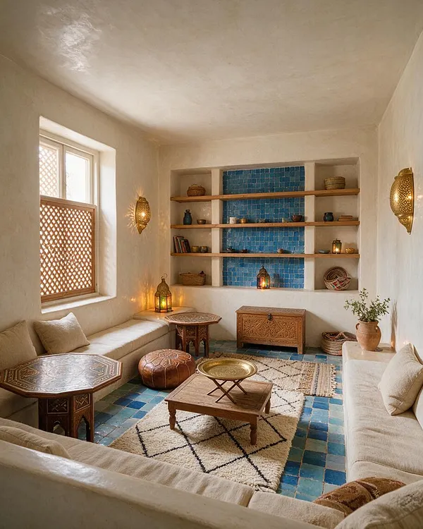 A cozy Moroccan-style game room with cream plaster walls, built-in shelves framing a blue tiled alcove, and low upholstered seating around wooden tables. The room features patterned lanterns, woven baskets, a leather pouf, and a cream rug over blue floor tiles, creating a warm, relaxed atmosphere.