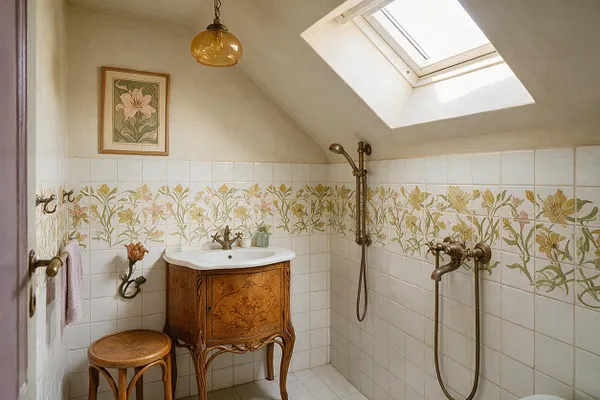 A small attic bathroom with a sloped ceiling and skylight features white square wall tiles with a band of pastel floral Art Nouveau motifs. A carved wooden vanity with an integrated sink, brass fixtures, a shower set, and a round wooden stool create a warm vintage atmosphere.