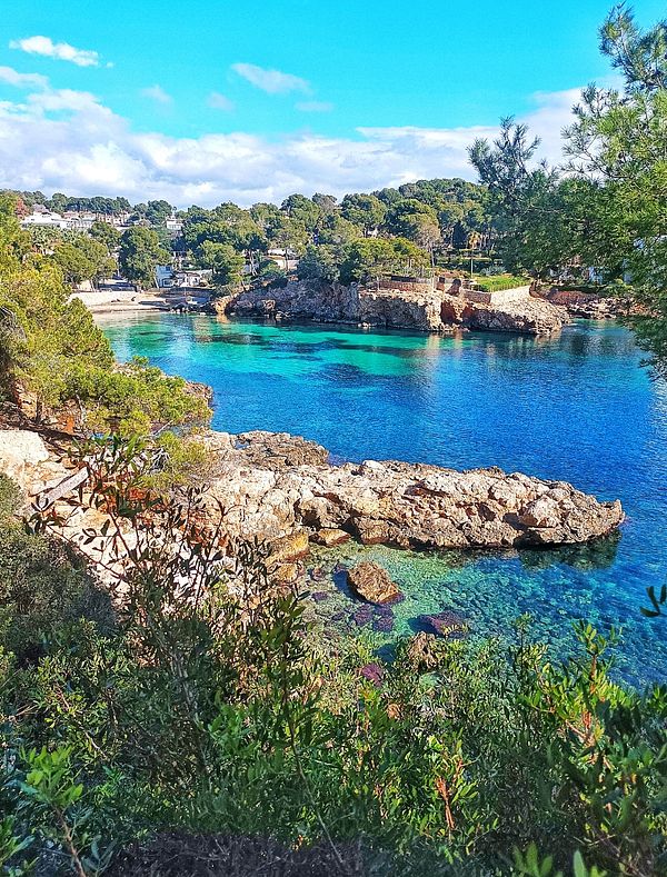 A picturesque coastal scene featuring clear turquoise waters and rocky shores surrounded by lush greenery.