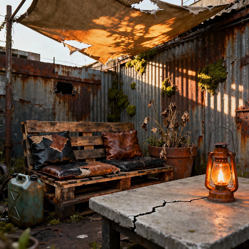A compact patio enclosed by rusted corrugated metal walls features a bench built from pallet wood with patched black and brown leather cushions, next to a weathered jerry can. A cracked concrete table holds a lit metal lantern, while a torn burlap canopy casts dappled shadows; moss clings to the walls and a rusted planter with dried plants reinforces the gritty, post‑apocalyptic mood in warm evening light.