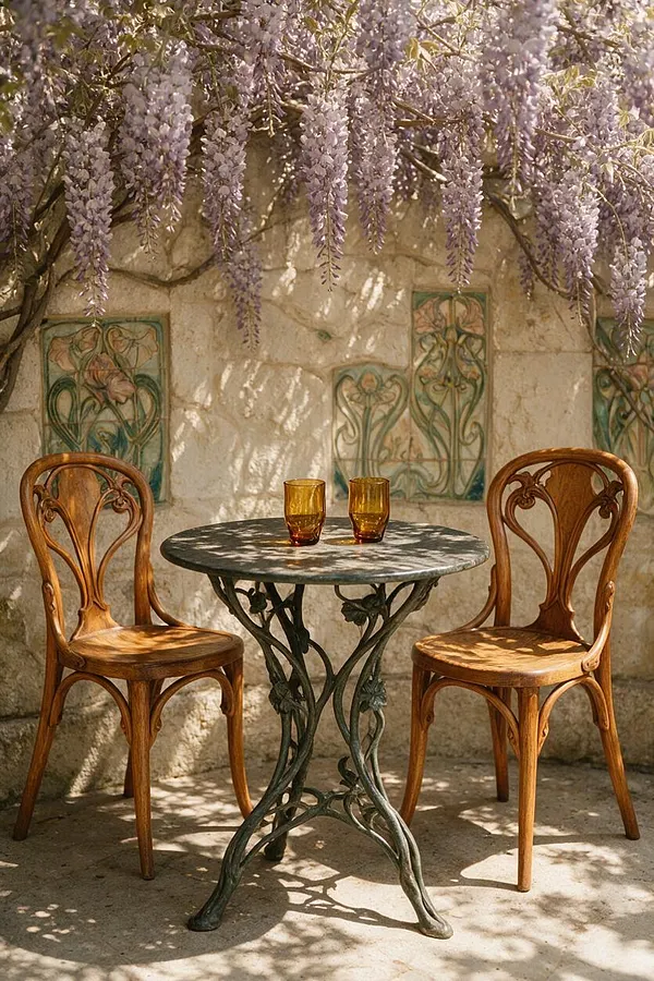 An outdoor Art Nouveau seating area with two carved wooden chairs around a small round table featuring a sculpted iron base and stone top. Purple wisteria hangs overhead against a textured stone wall decorated with floral ceramic panels.