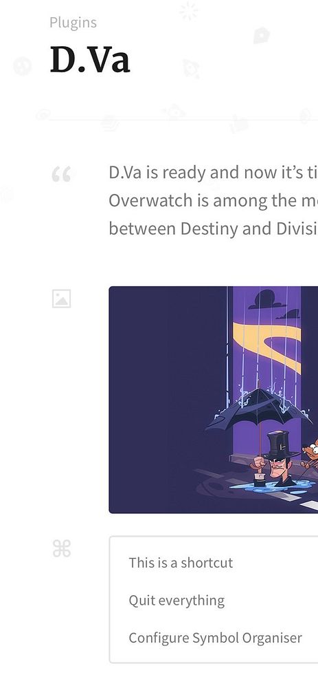 The image shows a section of a webpage featuring a plugin description with an image and a shortcut menu.