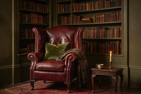 A moody reading nook with a burgundy leather wingback armchair centered between built-in bookshelves filled with old hardbound books. A green velvet pillow and plaid throw soften the chair, while a lit candle, teacup, and carved wood side table add a cozy Dark Academia feel.