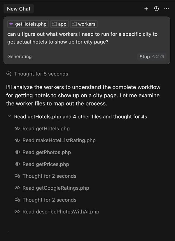 The image displays a chat interface discussing the workflow for retrieving hotel data for a specific city page.